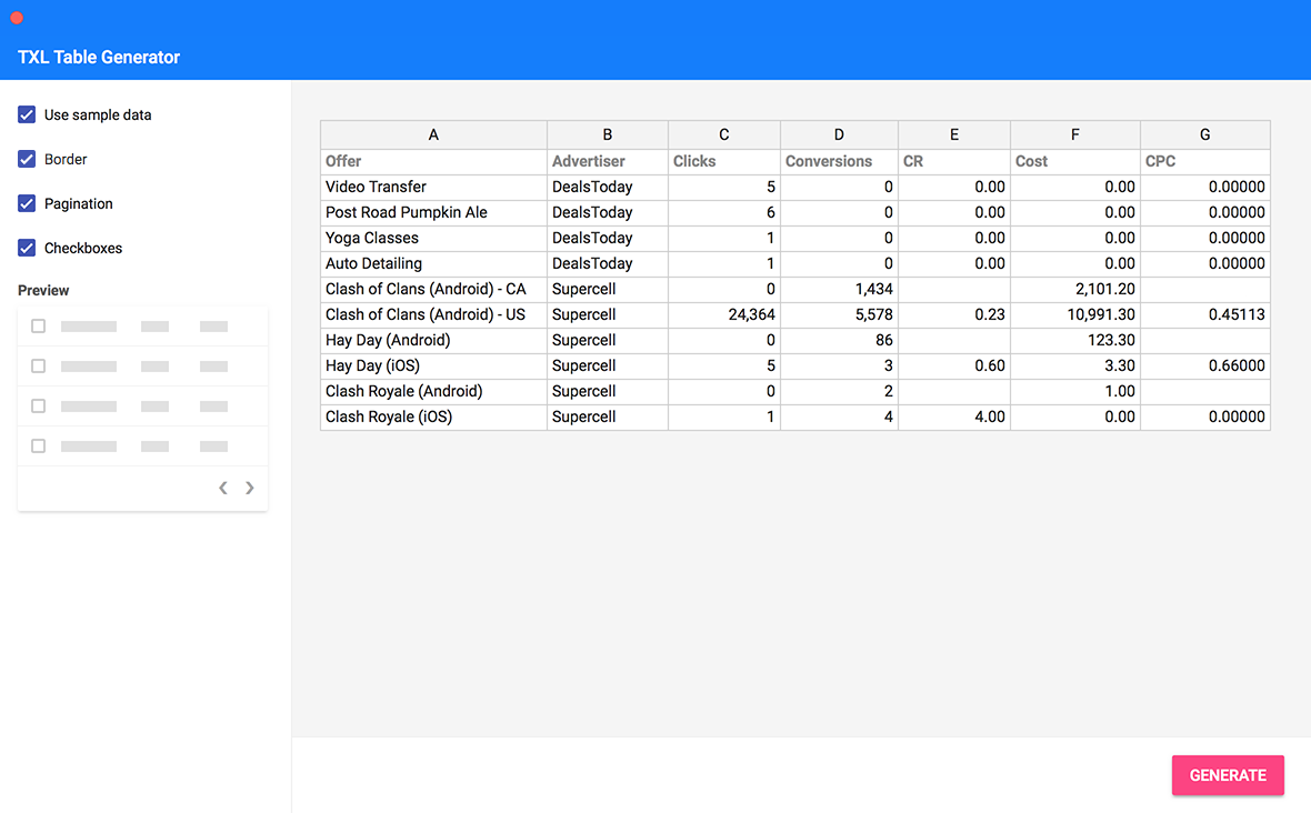 Sketch Table Generator