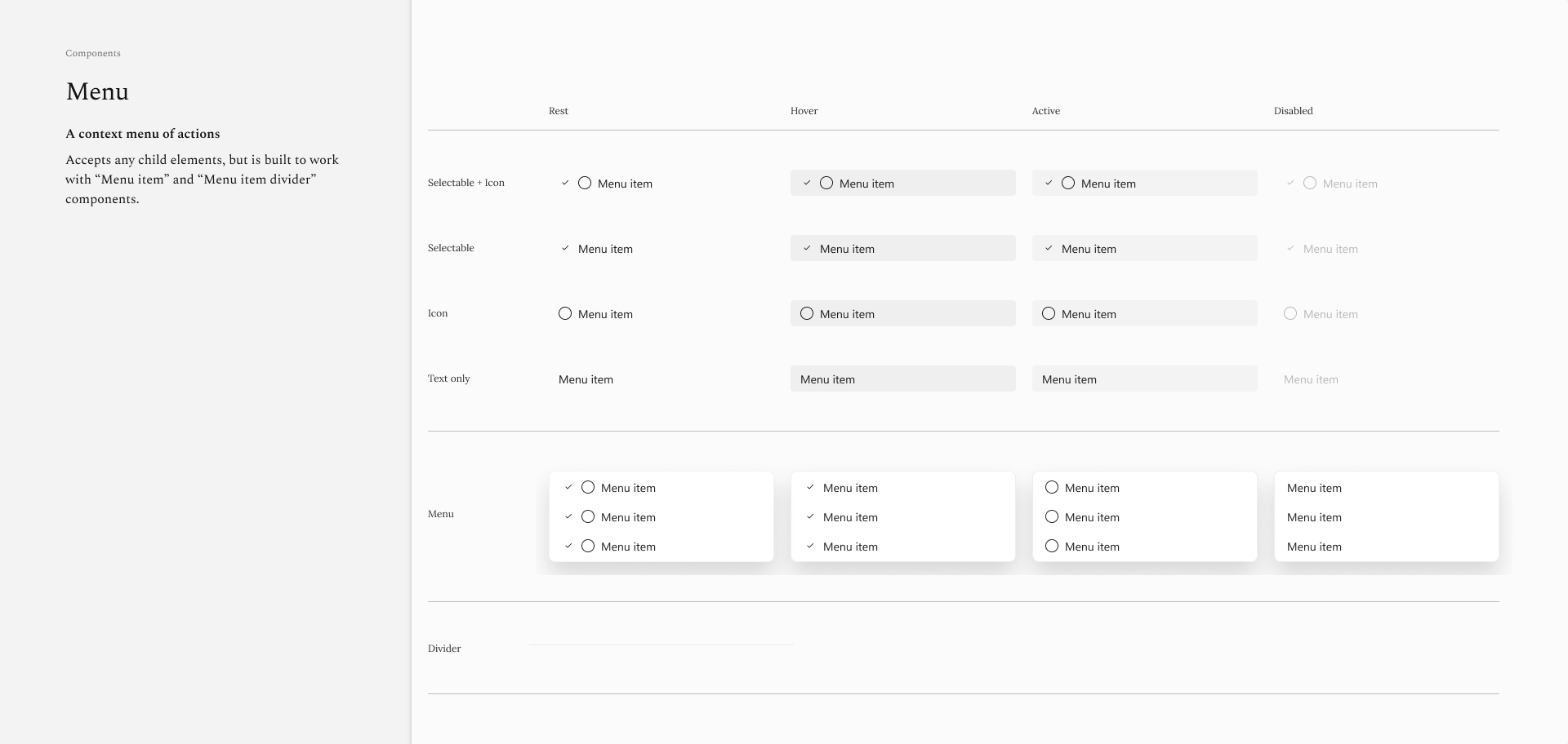 Screenshot of Figma components for Menu